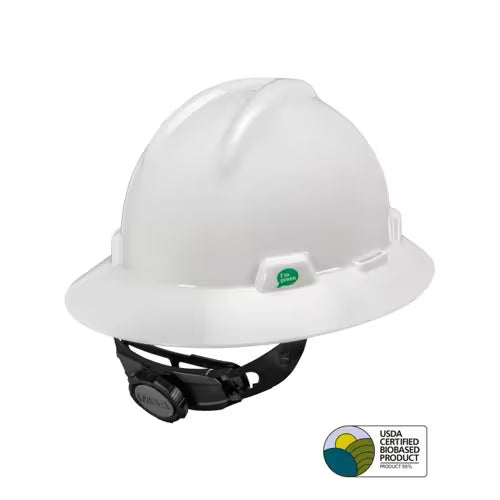 MSA V-Gard GREEN Full-Brim Hard Hat - 4-Point Fast-Trac III Suspension - White